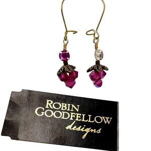 Robin Goodfellow Fuschia Pink Dangle Earrings Gold-Plated Earwires Crystals